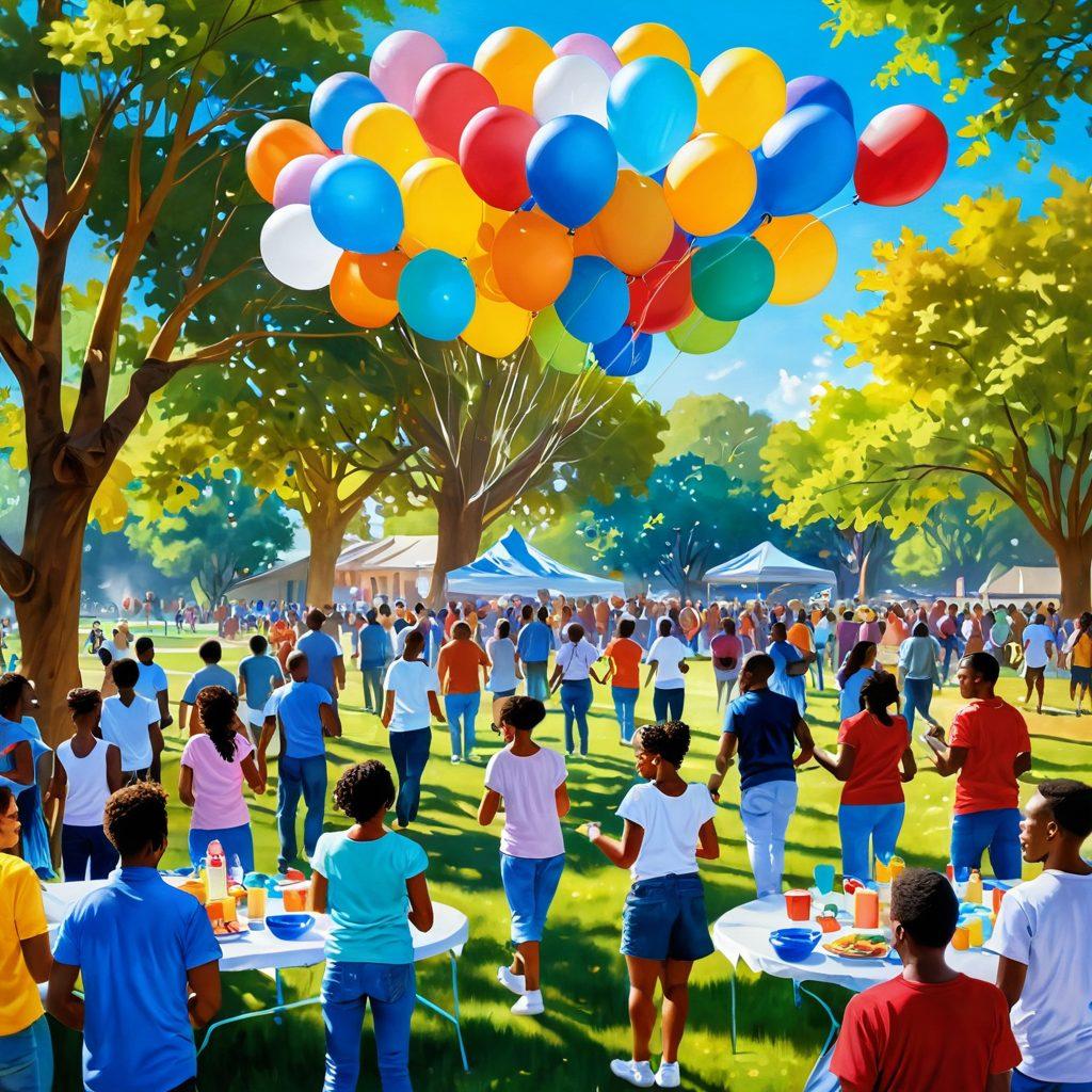 A vibrant community gathering in a sunlit park with people of diverse backgrounds joyfully interacting, engaging in various activities like painting, dancing, and sharing food. Balloons, colorful banners, and laughter fill the scene, embodying a sense of unity and happiness. Envision a warm atmosphere with soft sunlight casting gentle shadows. super-realistic. vibrant colors. bright blue sky.