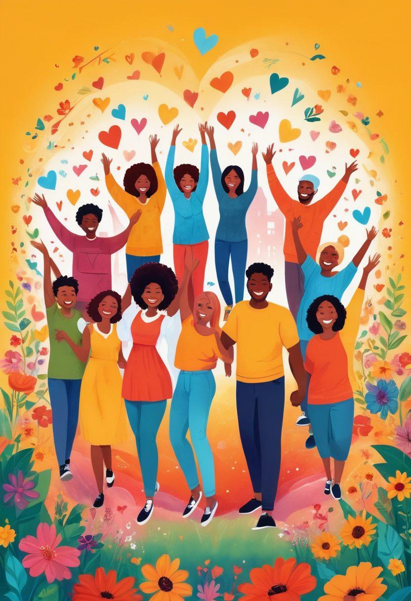 A diverse group of joyful individuals coming together, radiating happiness and connection, surrounded by vibrant community symbols like hand-in-hand gestures, colorful hearts, and blooming flowers. Emphasize a warm, welcoming atmosphere showcasing moments of laughter and collaboration, transitioning into a flourishing community scene. Use bright colors and a lively background to reflect the spirit of unity and joy. super-realistic. vibrant colors. community theme.
