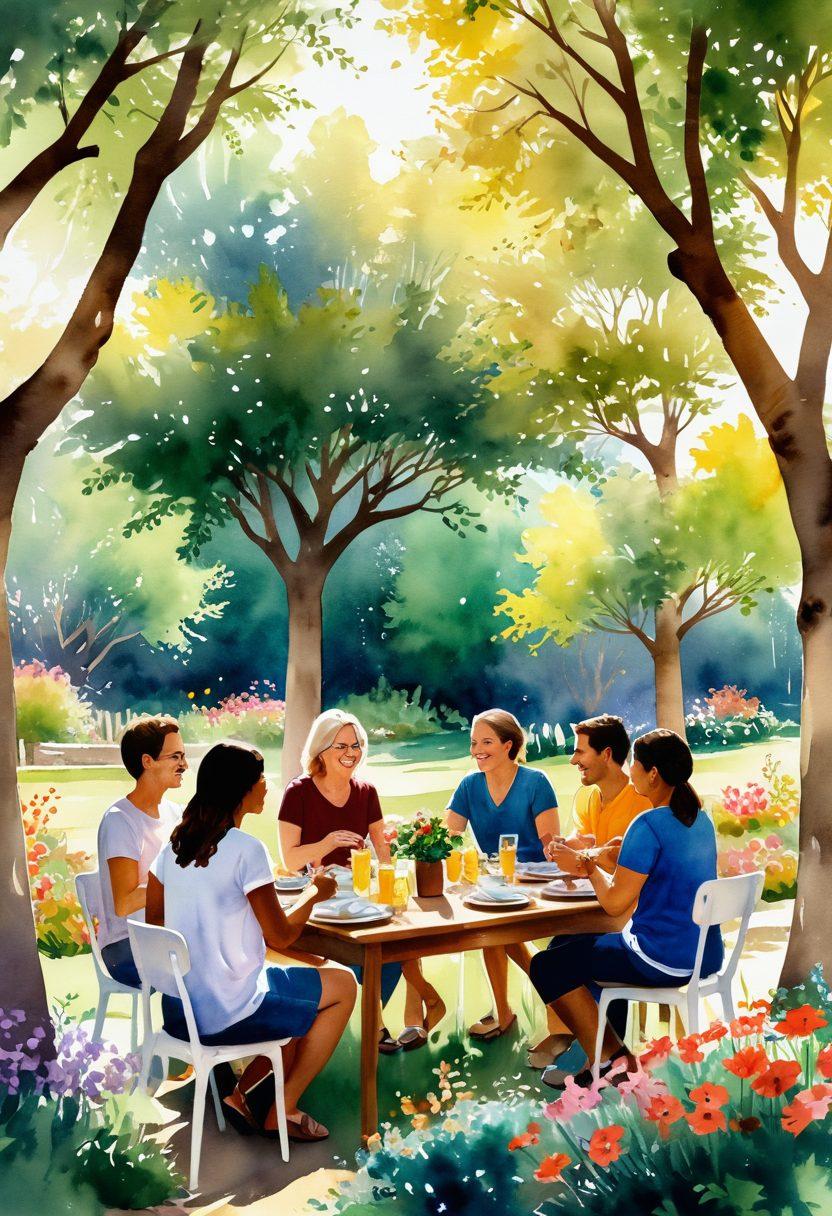 A warm, inviting scene showing a diverse group of people joyfully interacting in a cozy community space, surrounded by blooming flowers and soft sunlight filtering through trees. Include elements of sharing, like a communal table with food and drinks, and laughter radiating among the participants. Symbolize elation and delight with vibrant colors and gentle, flowing lines. watercolor painting style. vibrant colors.